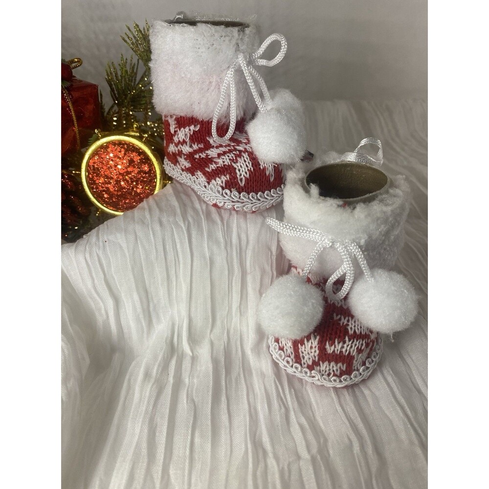 NWT Knit Christmas Boot Stocking Ornaments Faux Fur Pom Poms Set of 2 Décor